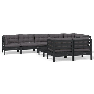 9 Piece Garden Lounge Set with Cushions Black Solid Pinewood