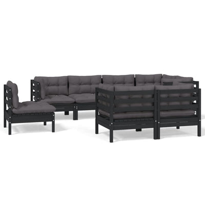 8 Piece Garden Lounge Set with Cushions Black Solid Pinewood