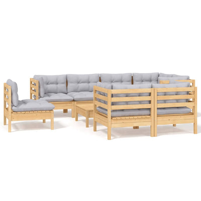 9 Piece Garden Lounge Set with Grey Cushions Solid Pinewood