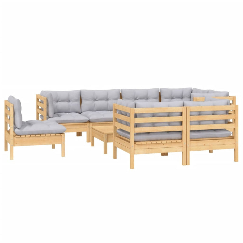 9 Piece Garden Lounge Set with Grey Cushions Solid Pinewood