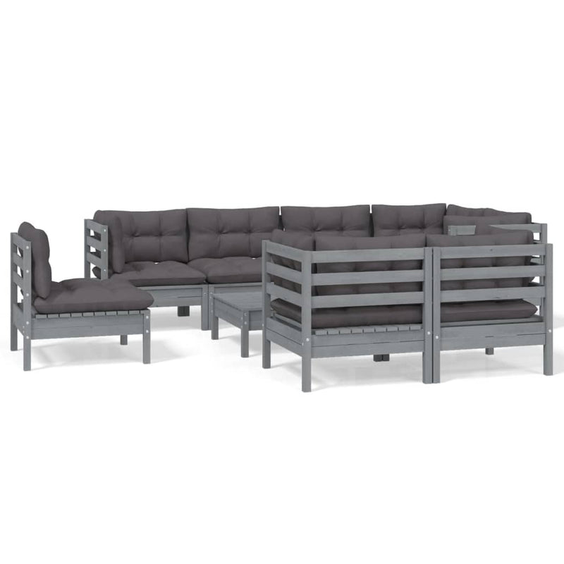 9 Piece Garden Lounge Set with Cushions Grey Solid Pinewood