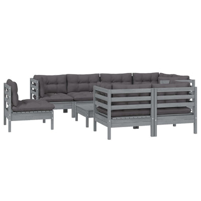 9 Piece Garden Lounge Set with Cushions Grey Solid Pinewood