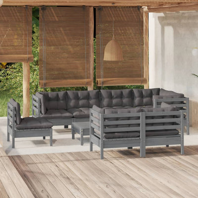 9 Piece Garden Lounge Set with Cushions Grey Solid Pinewood