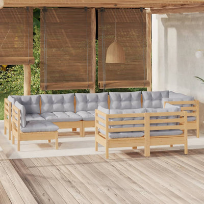 9 Piece Garden Lounge Set with Grey Cushions Solid Pinewood