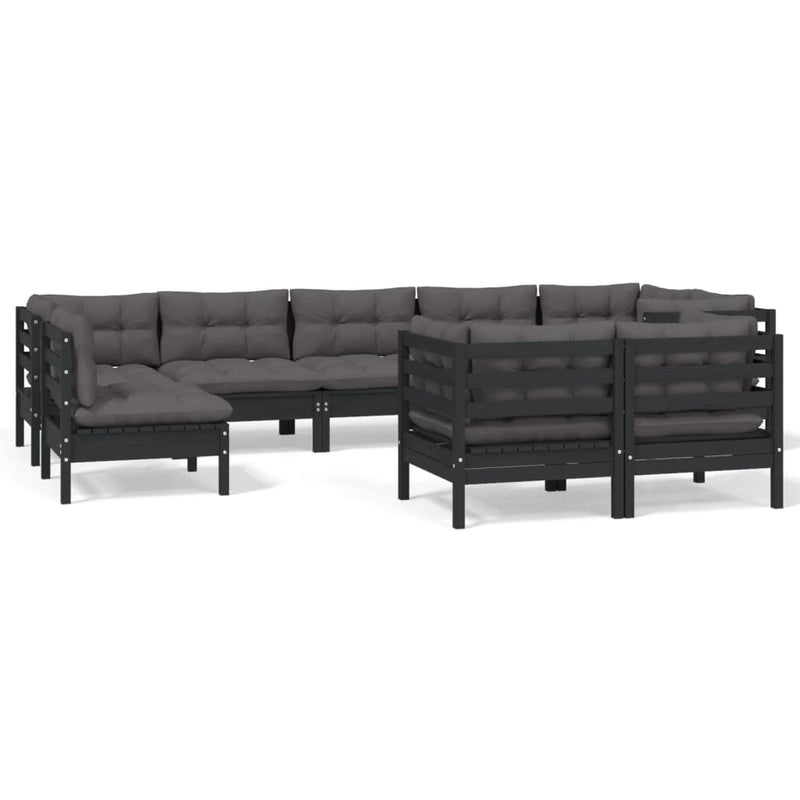 9 Piece Garden Lounge Set with Cushions Black Solid Pinewood