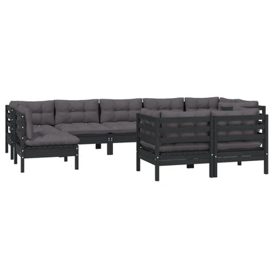 9 Piece Garden Lounge Set with Cushions Black Solid Pinewood