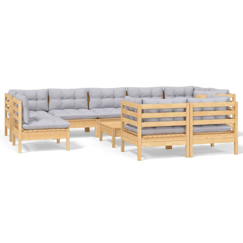 10 Piece Garden Lounge Set with Grey Cushions Solid Pinewood