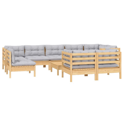 10 Piece Garden Lounge Set with Grey Cushions Solid Pinewood