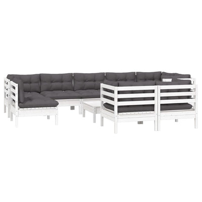 10 Piece Garden Lounge Set with Cushions White Solid Pinewood