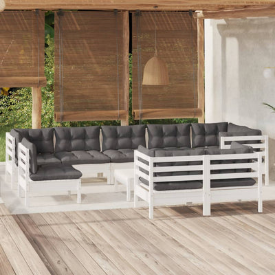 10 Piece Garden Lounge Set with Cushions White Solid Pinewood