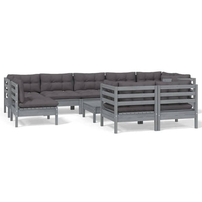 10 Piece Garden Lounge Set with Cushions Grey Solid Pinewood