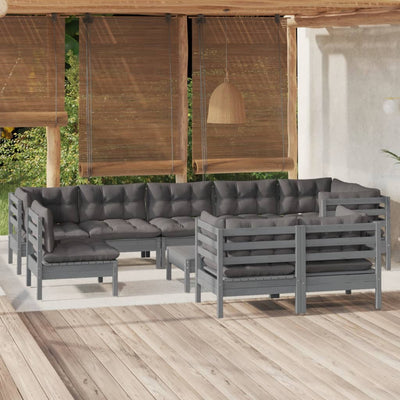 10 Piece Garden Lounge Set with Cushions Grey Solid Pinewood