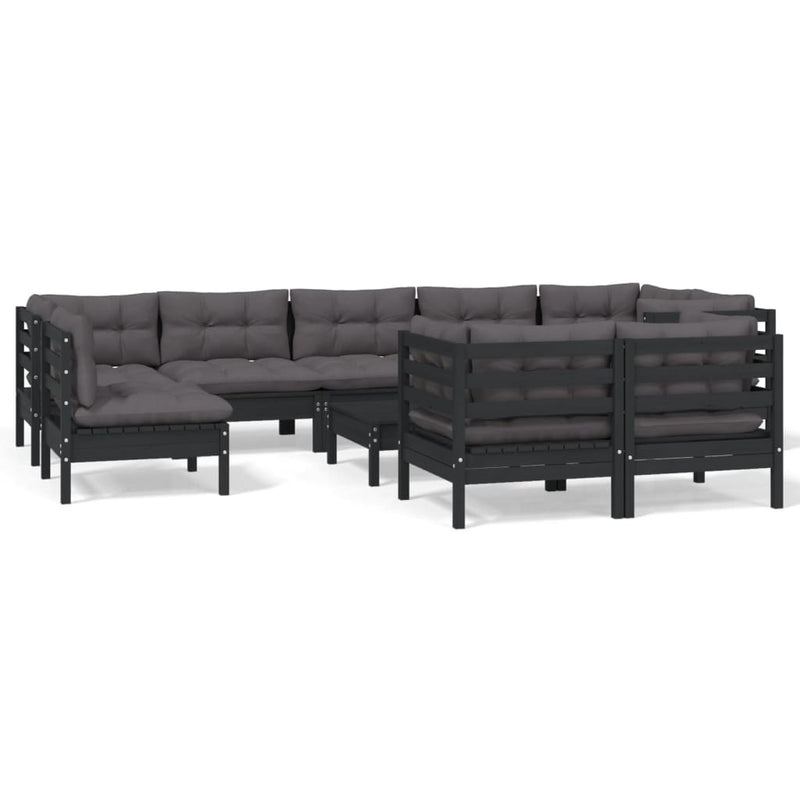 10 Piece Garden Lounge Set with Cushions Black Solid Pinewood