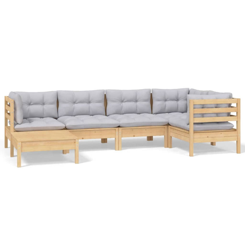 6 Piece Garden Lounge Set with Grey Cushions Solid Pinewood