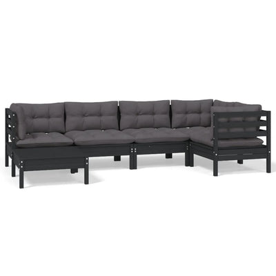 6 Piece Garden Lounge Set with Cushions Black Solid Pinewood