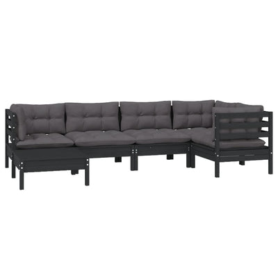 6 Piece Garden Lounge Set with Cushions Black Solid Pinewood