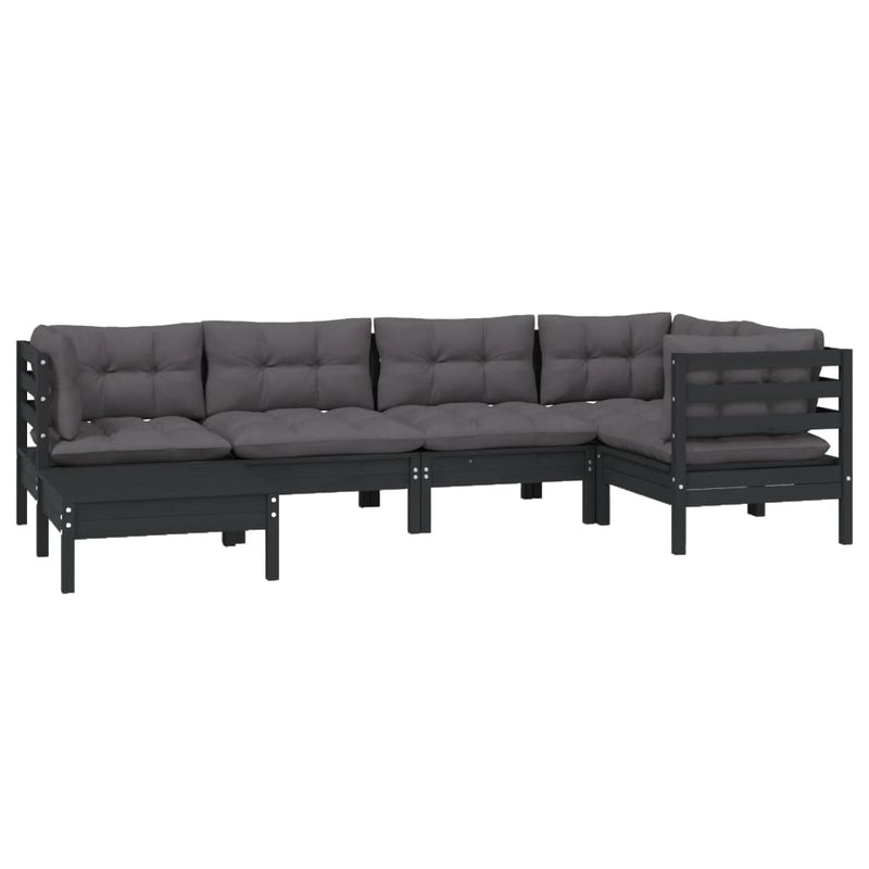 6 Piece Garden Lounge Set with Cushions Black Solid Pinewood