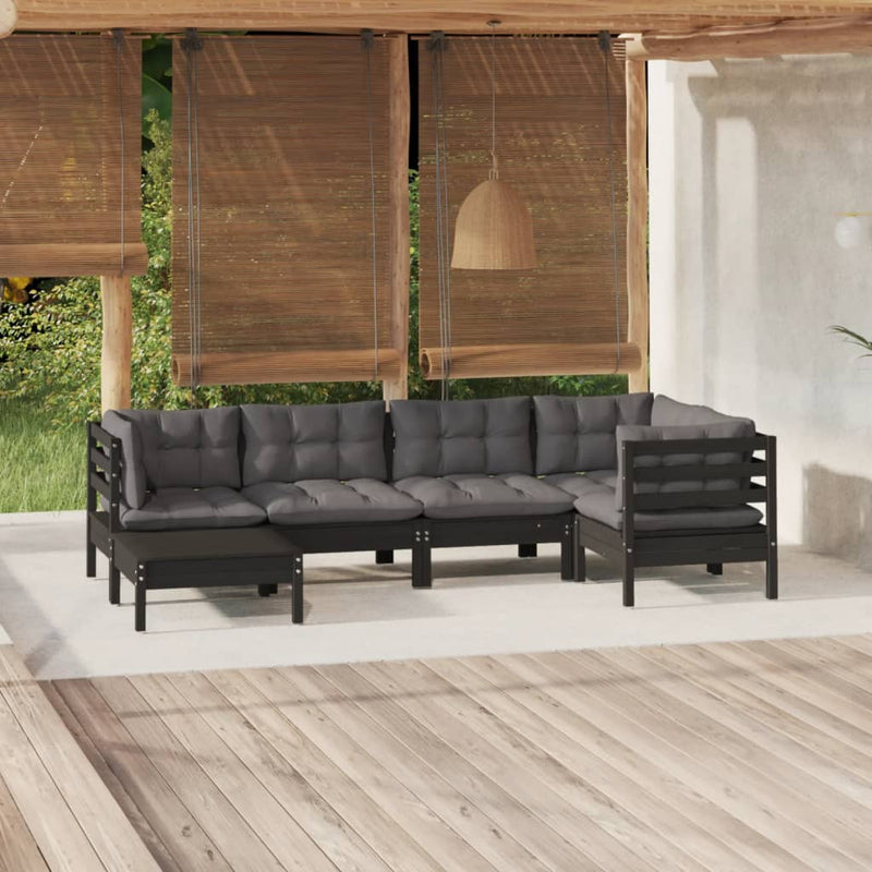 6 Piece Garden Lounge Set with Cushions Black Solid Pinewood