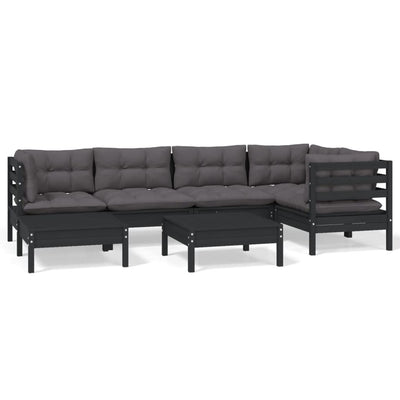 7 Piece Garden Lounge Set with Cushions Black Solid Pinewood