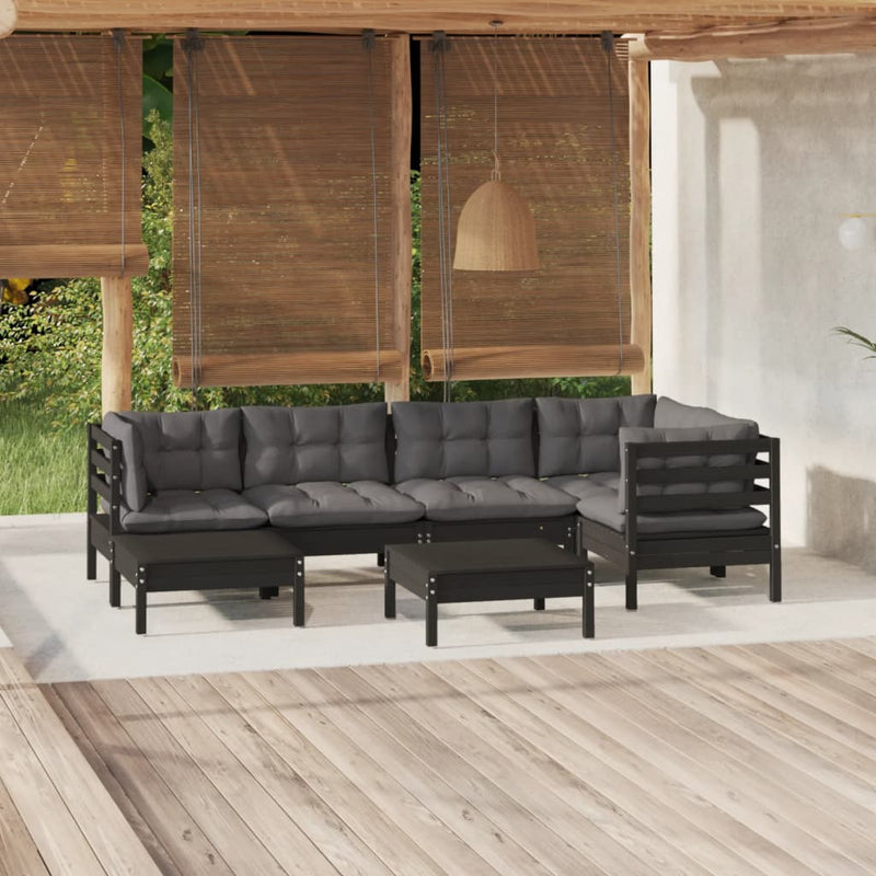 7 Piece Garden Lounge Set with Cushions Black Solid Pinewood