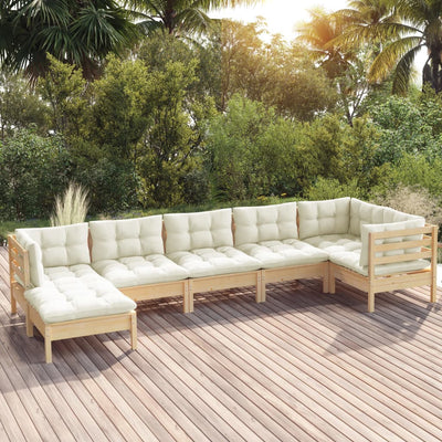 7 Piece Garden Lounge Set with Cream Cushions Solid Pinewood