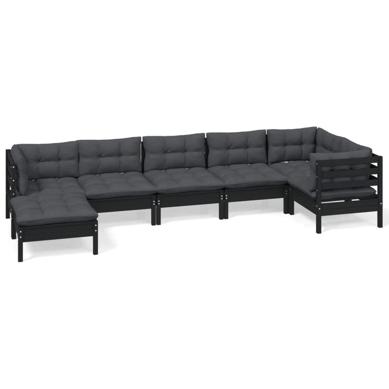 7 Piece Garden Lounge Set with Cushions Black Solid Pinewood