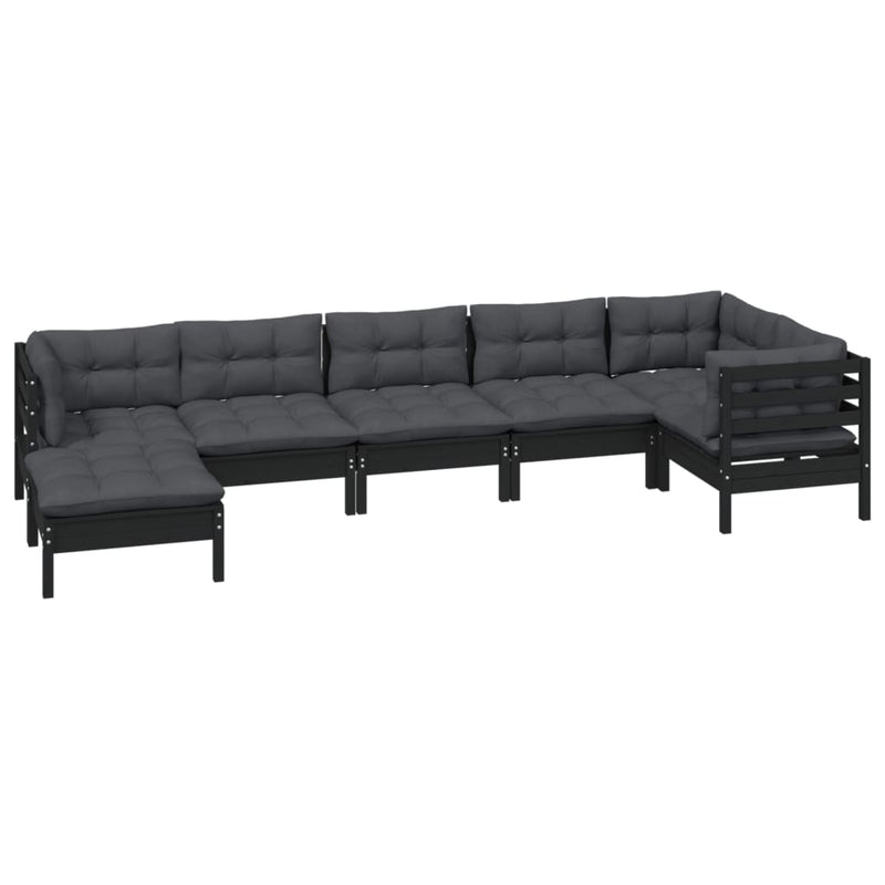 7 Piece Garden Lounge Set with Cushions Black Solid Pinewood