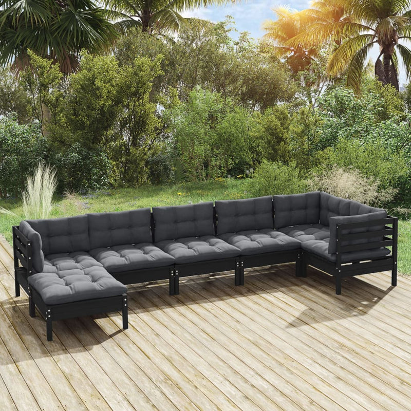 7 Piece Garden Lounge Set with Cushions Black Solid Pinewood