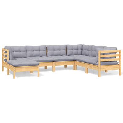 7 Piece Garden Lounge Set with Grey Cushions Solid Pinewood