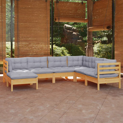 7 Piece Garden Lounge Set with Grey Cushions Solid Pinewood