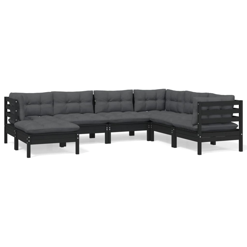 7 Piece Garden Lounge Set with Cushions Black Solid Pinewood