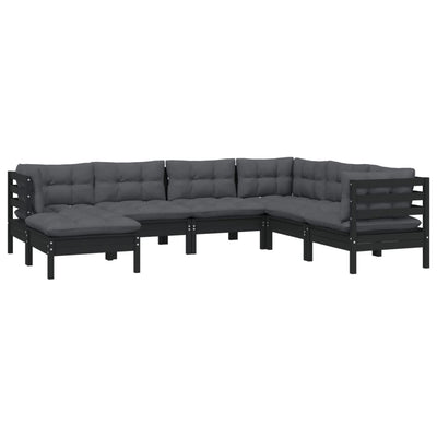 7 Piece Garden Lounge Set with Cushions Black Solid Pinewood