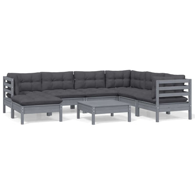 8 Piece Garden Lounge Set with Cushions Grey Solid Pinewood