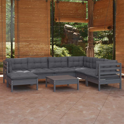 8 Piece Garden Lounge Set with Cushions Grey Solid Pinewood