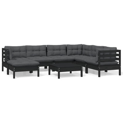 8 Piece Garden Lounge Set with Cushions Black Solid Pinewood