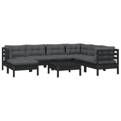 8 Piece Garden Lounge Set with Cushions Black Solid Pinewood