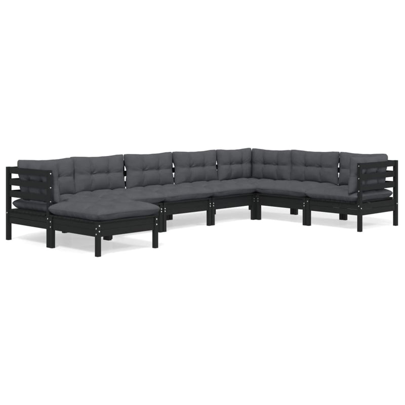 8 Piece Garden Lounge Set with Cushions Black Solid Pinewood