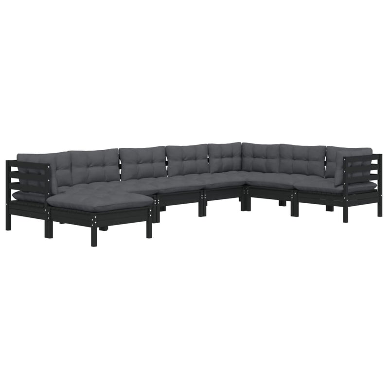 8 Piece Garden Lounge Set with Cushions Black Solid Pinewood