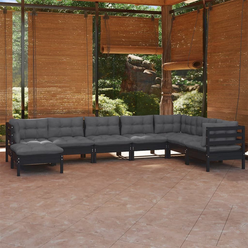 8 Piece Garden Lounge Set with Cushions Black Solid Pinewood