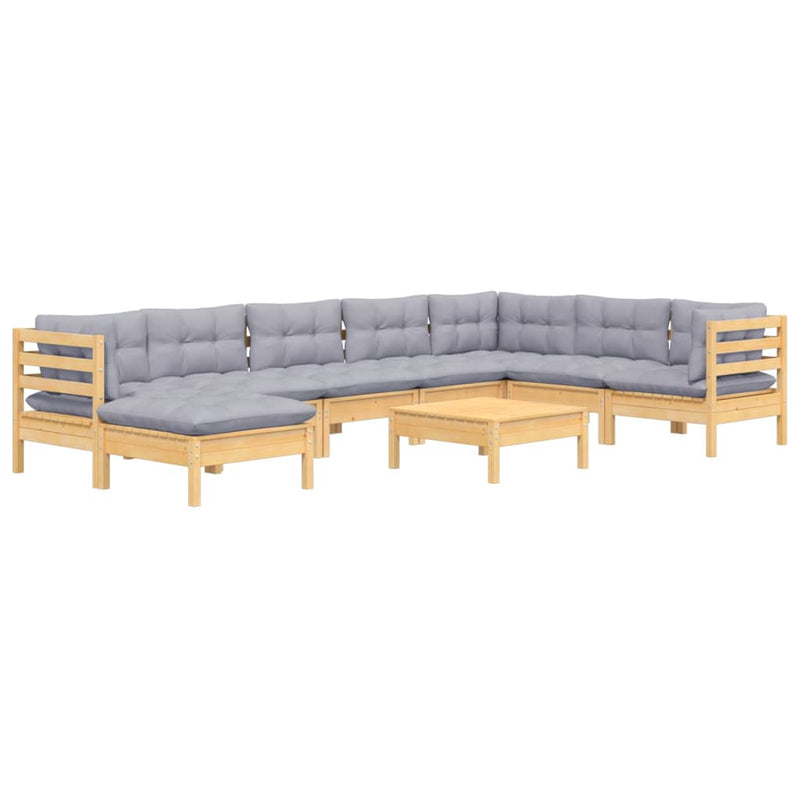 9 Piece Garden Lounge Set with Grey Cushions Solid Pinewood