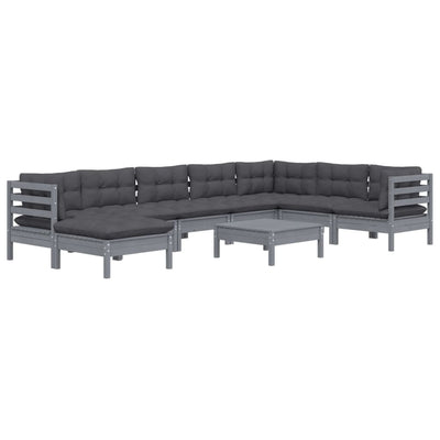 9 Piece Garden Lounge Set with Cushions Grey Solid Pinewood