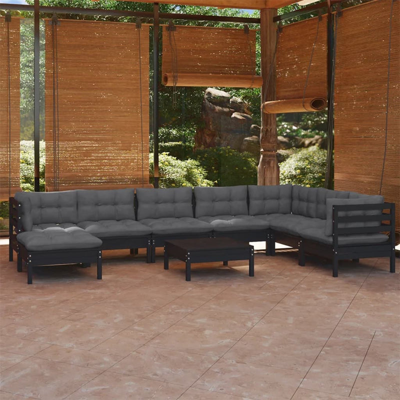 9 Piece Garden Lounge Set with Cushions Black Solid Pinewood