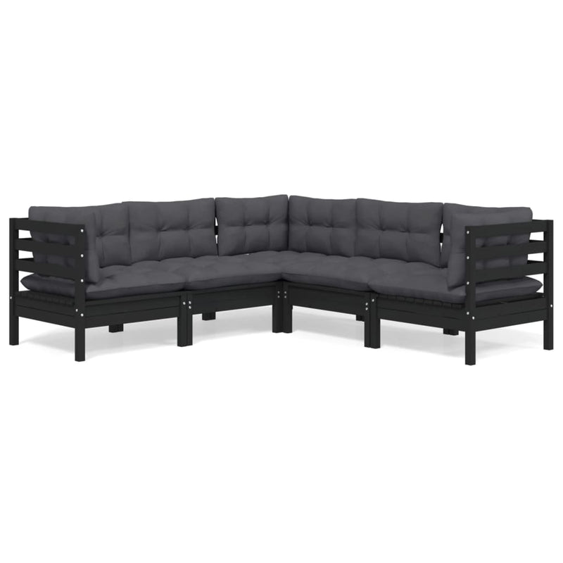 5 Piece Garden Lounge Set with Cushions Black Solid Pinewood