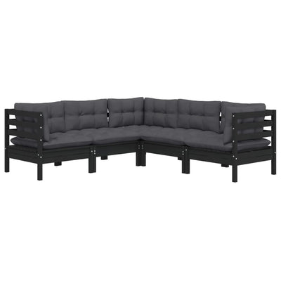 5 Piece Garden Lounge Set with Cushions Black Solid Pinewood