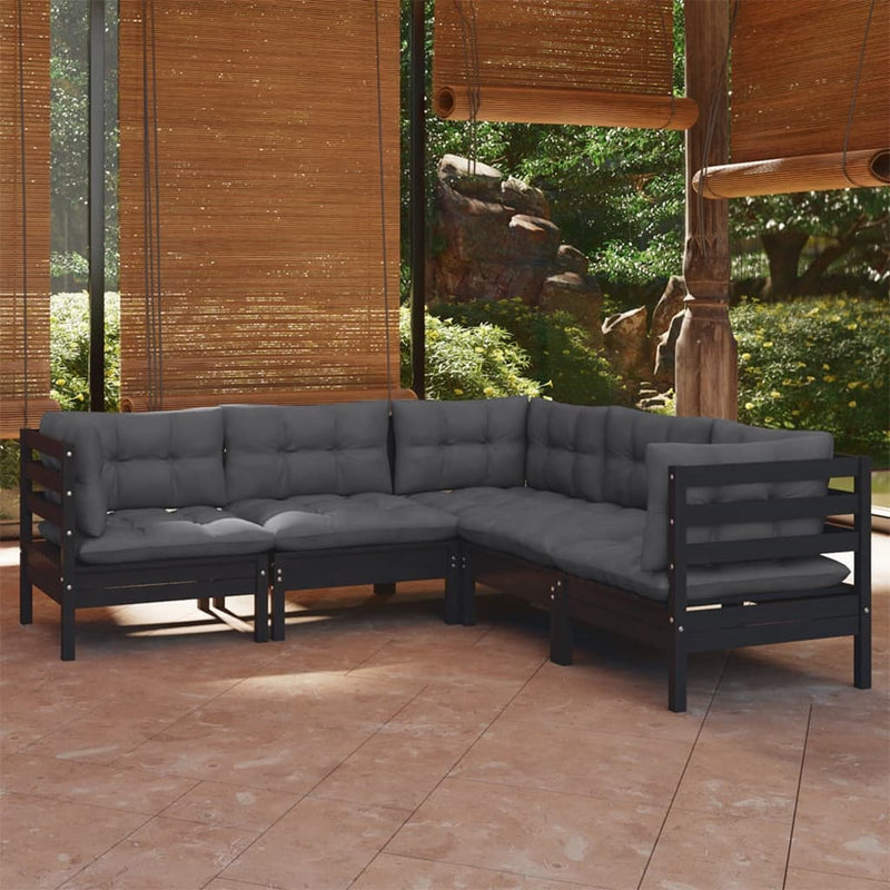 5 Piece Garden Lounge Set with Cushions Black Solid Pinewood