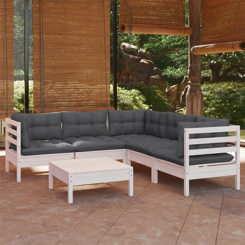 6 Piece Garden Lounge Set with Cushions White Solid Pinewood