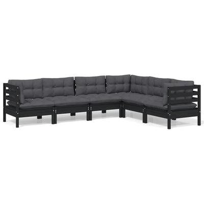 6 Piece Garden Lounge Set with Cushions Black Solid Pinewood