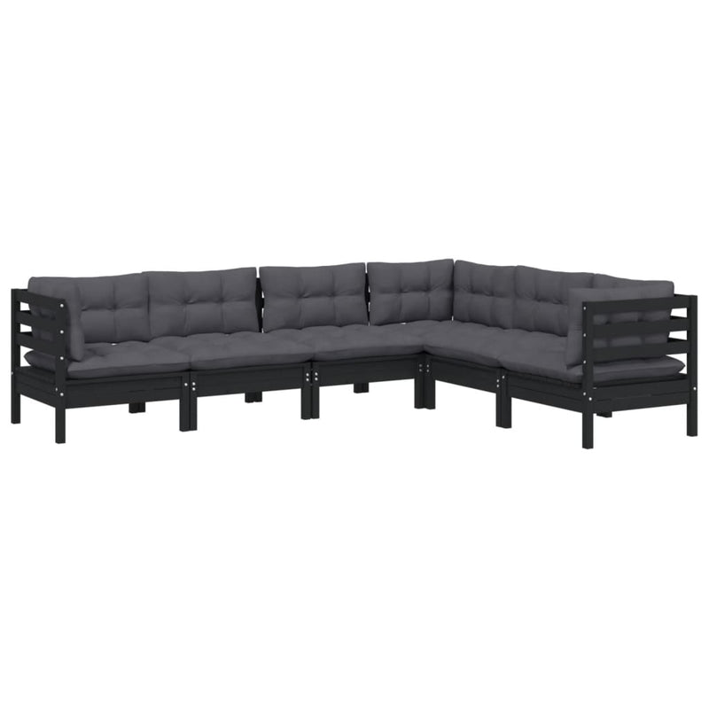 6 Piece Garden Lounge Set with Cushions Black Solid Pinewood