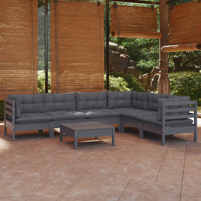 7 Piece Garden Lounge Set with Cushions Grey Solid Pinewood