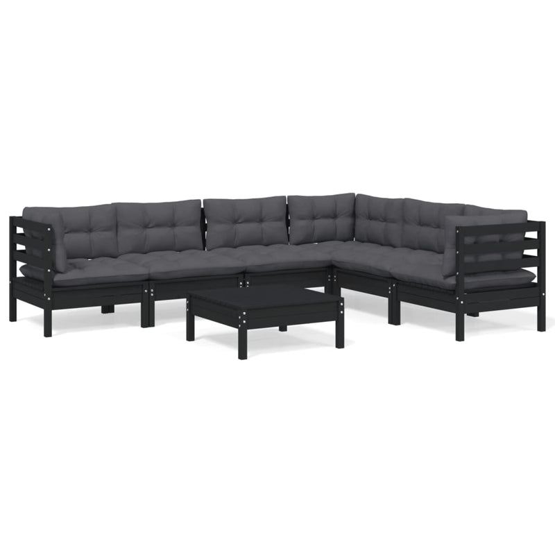 7 Piece Garden Lounge Set with Cushions Black Solid Pinewood